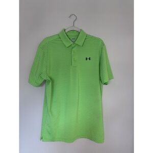 Mens Under Armour HeatGear Golf Polo Medium Loose Striped Green & White